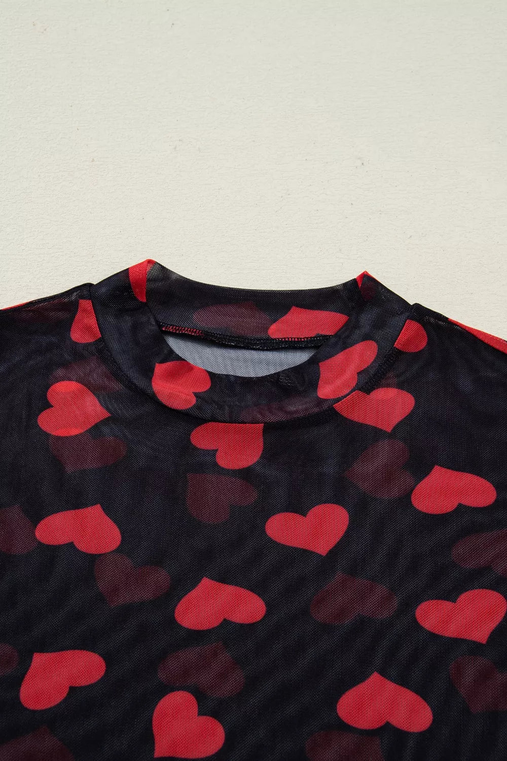 Heart print sheer mesh mock neck long sleeve crop top