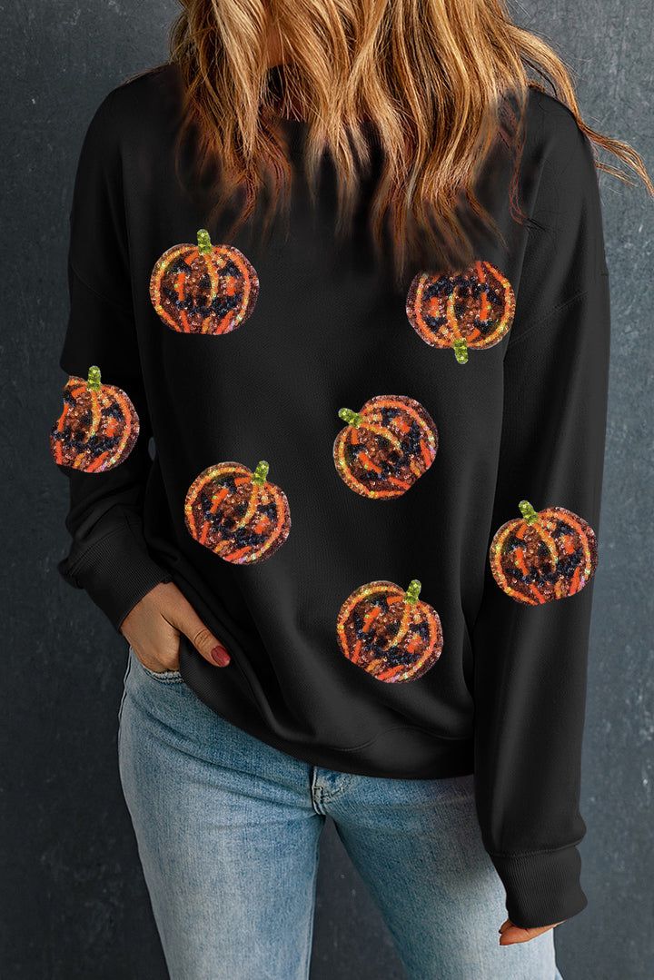 Sequin pumpkin patch drop shoulder crew neck sweatshirt