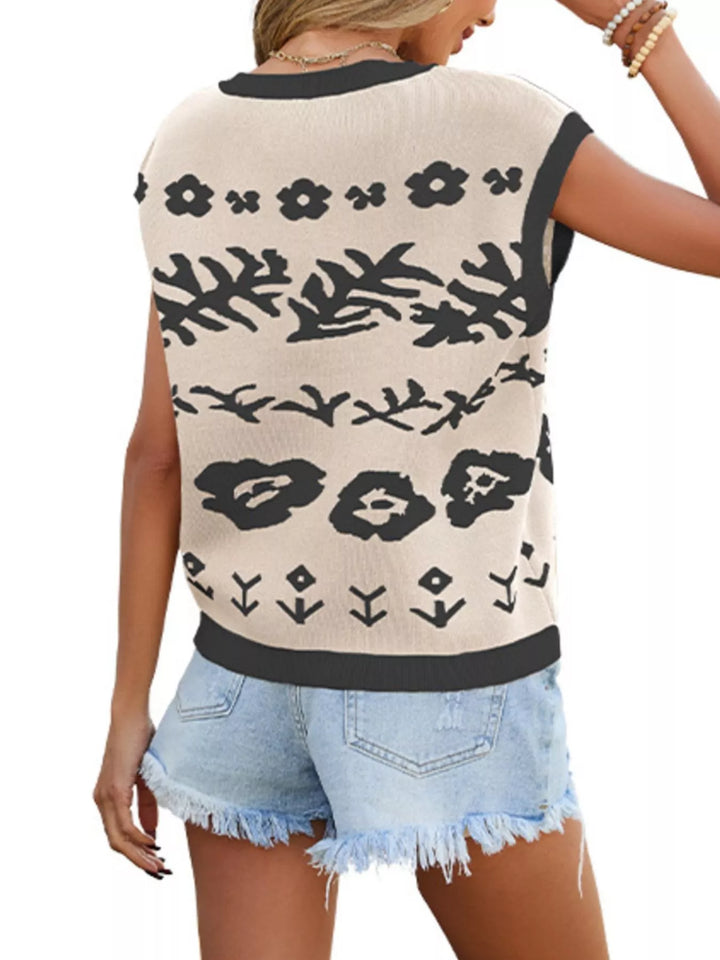 Floral jacquard knit cap sleeve top with contrast trim