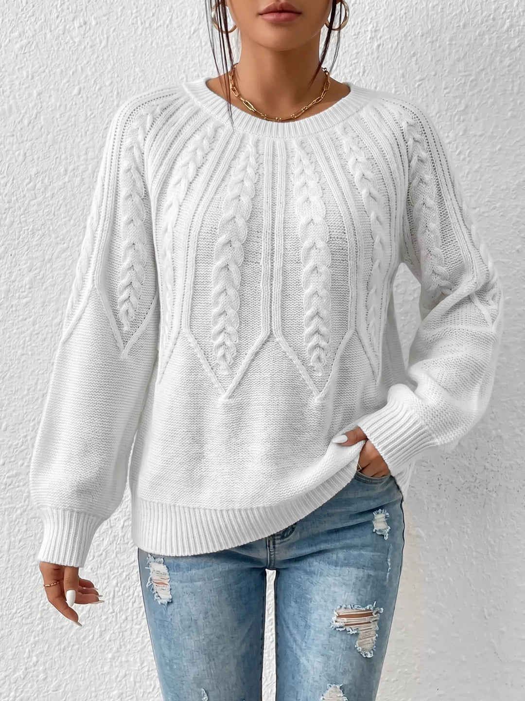 White Braided cable knit crew neck pullover sweater