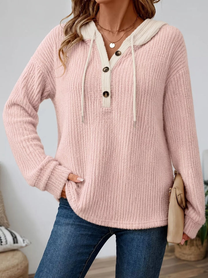 Pink Ribbed knit drawstring hoodie with button henley placket