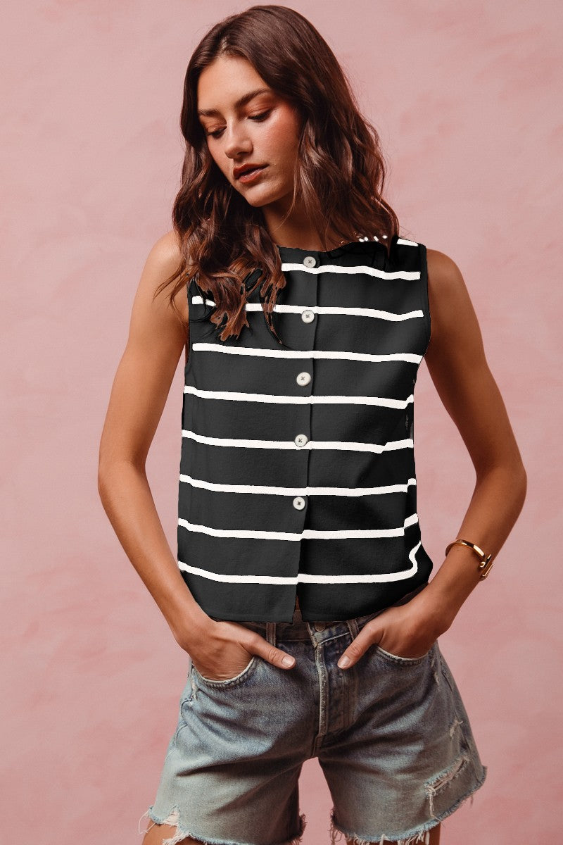 BLACK/OFF WHITE Striped button-front sleeveless sweater knit top
