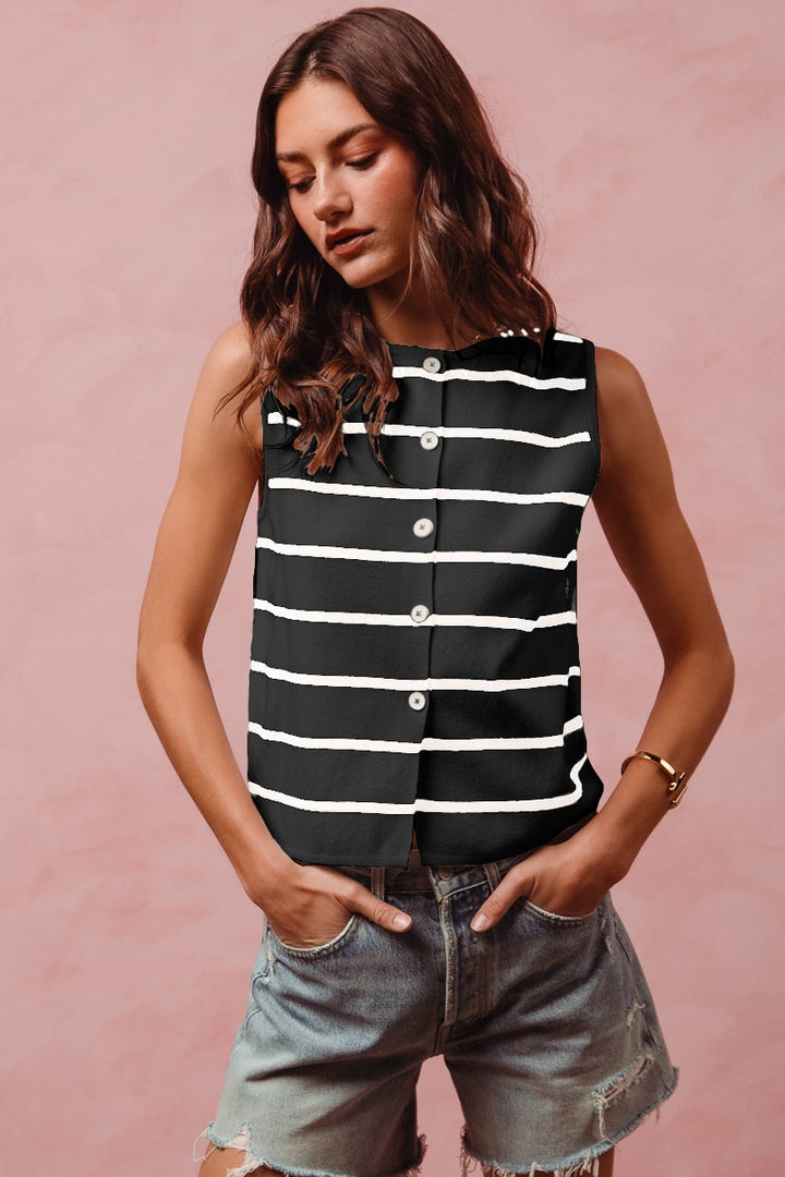 BLACK/OFF WHITE Striped button-front sleeveless sweater knit top