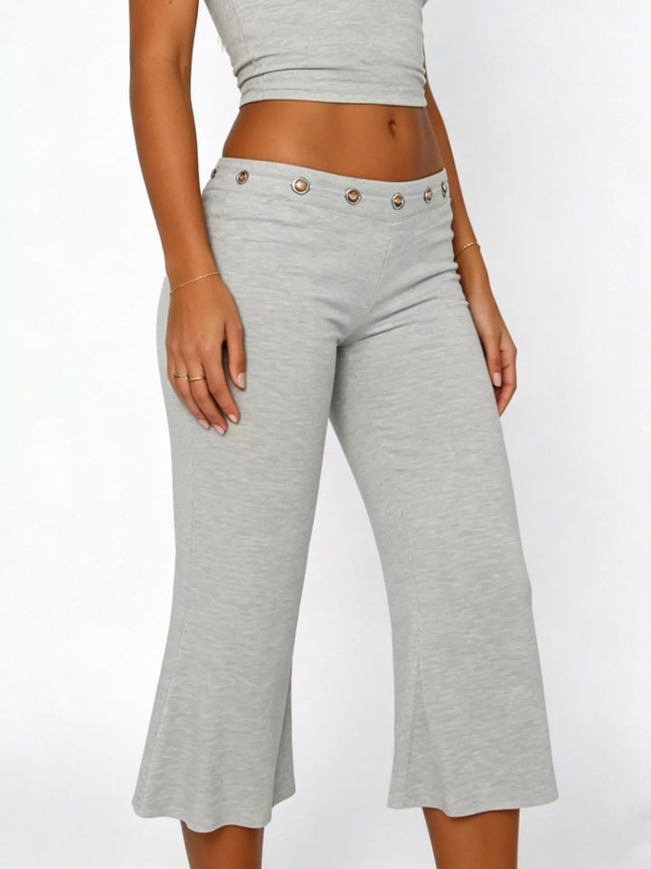 Mid-rise wide-leg capri pants with gold-button waistband