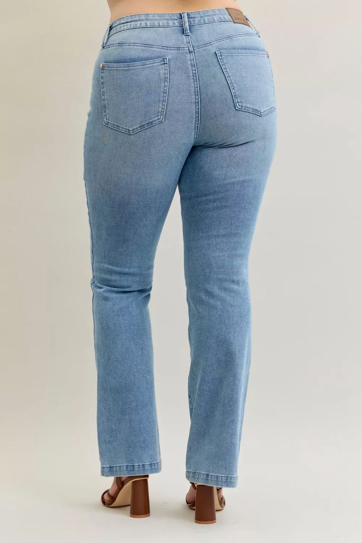 Mid-rise contrast wash bootcut jeans with front patch pockets
