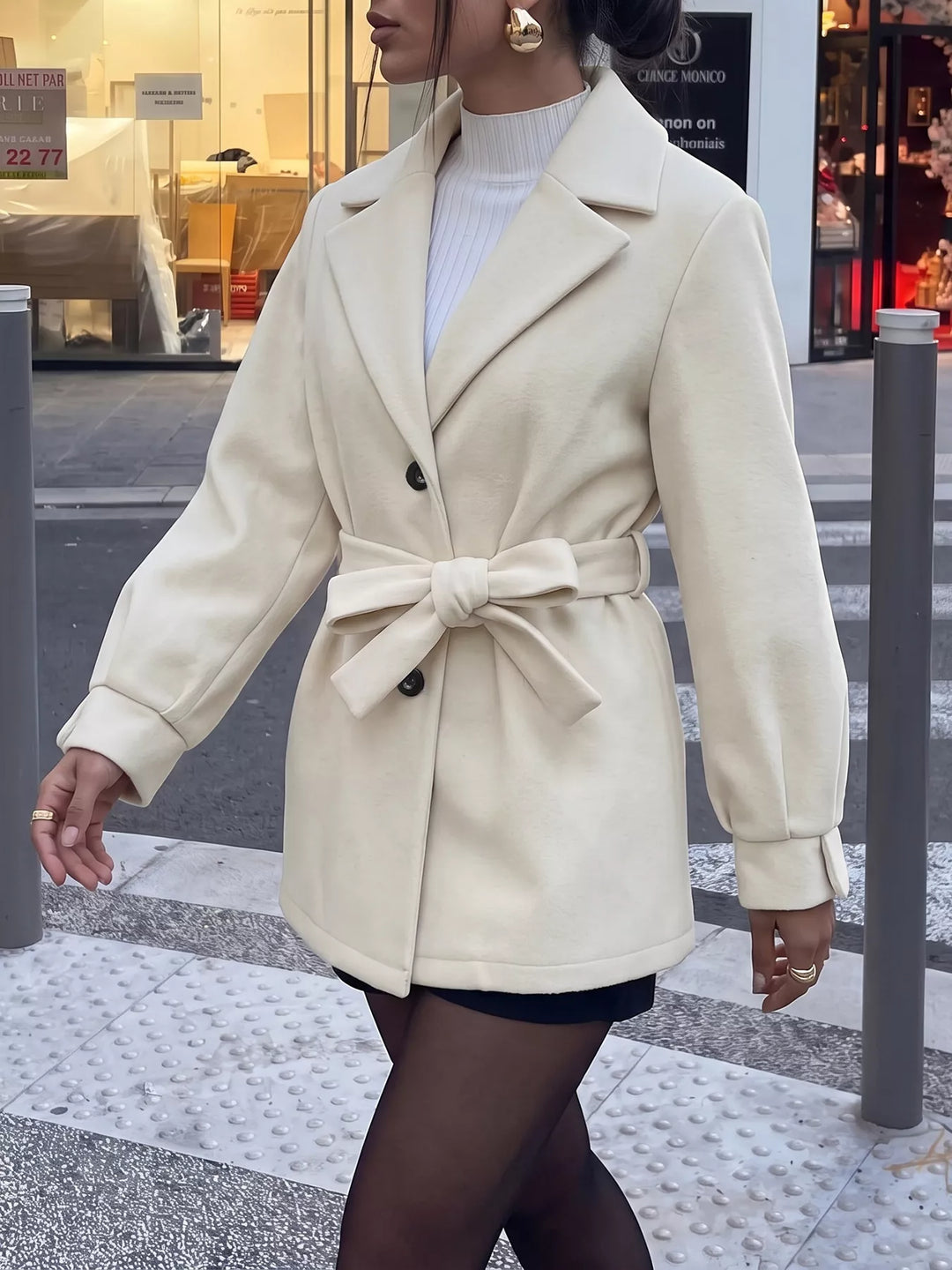 Belted notch lapel short coat with flap pockets