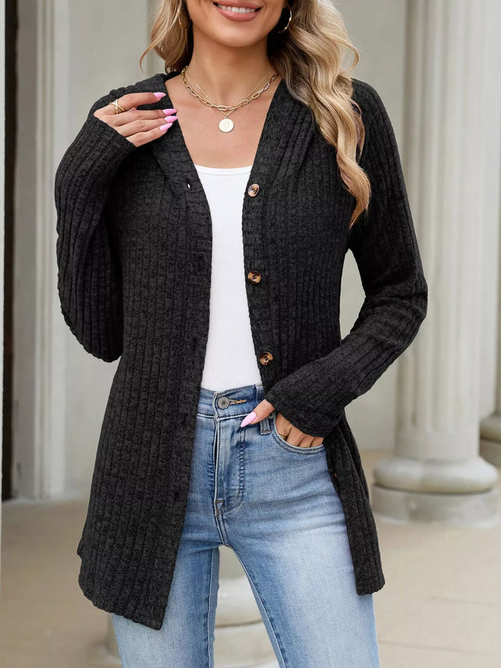 Ribbed knit hooded cardigan with tortoise buttons