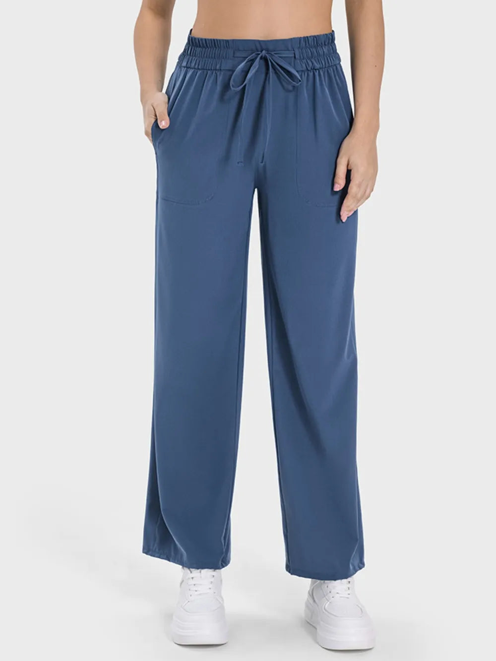 Dusty  Blue Drawstring straight-leg active pants with pockets