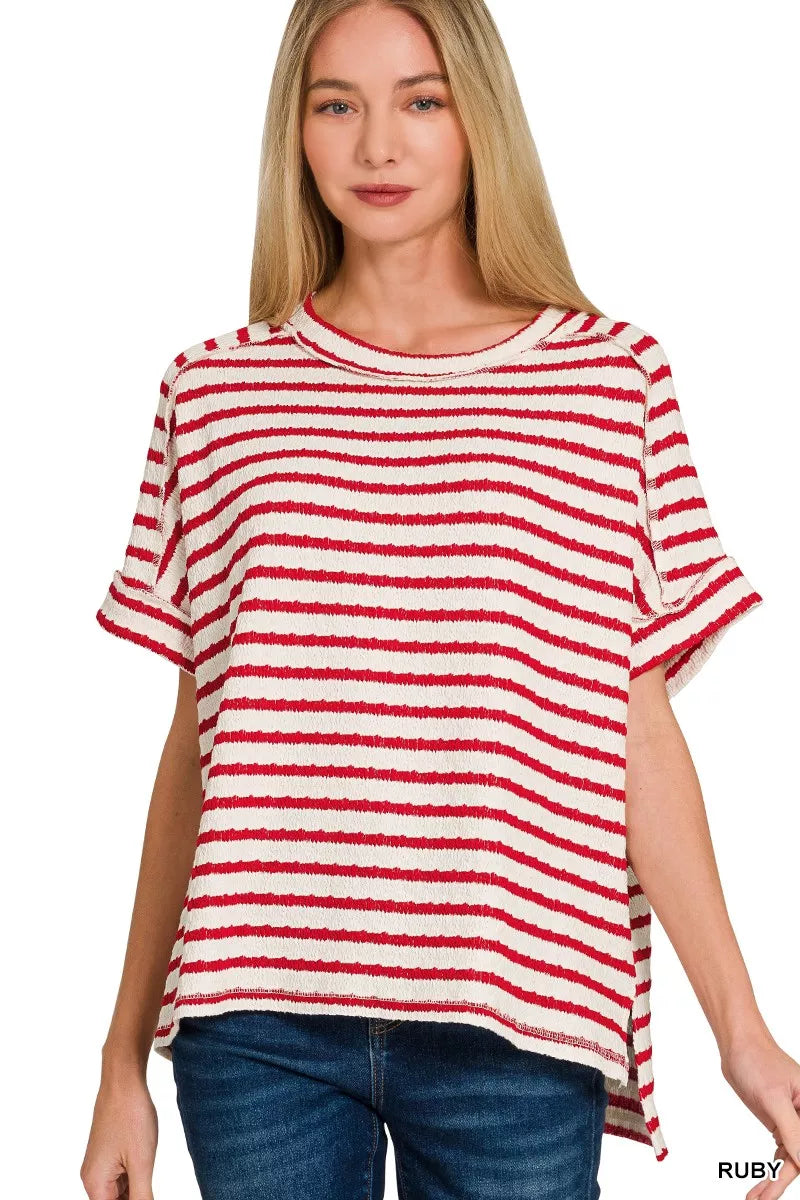 RUBY Textured stripe jacquard round neck tee with cuffed sleeves