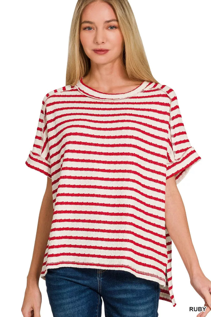 RUBY Textured stripe jacquard round neck tee with cuffed sleeves