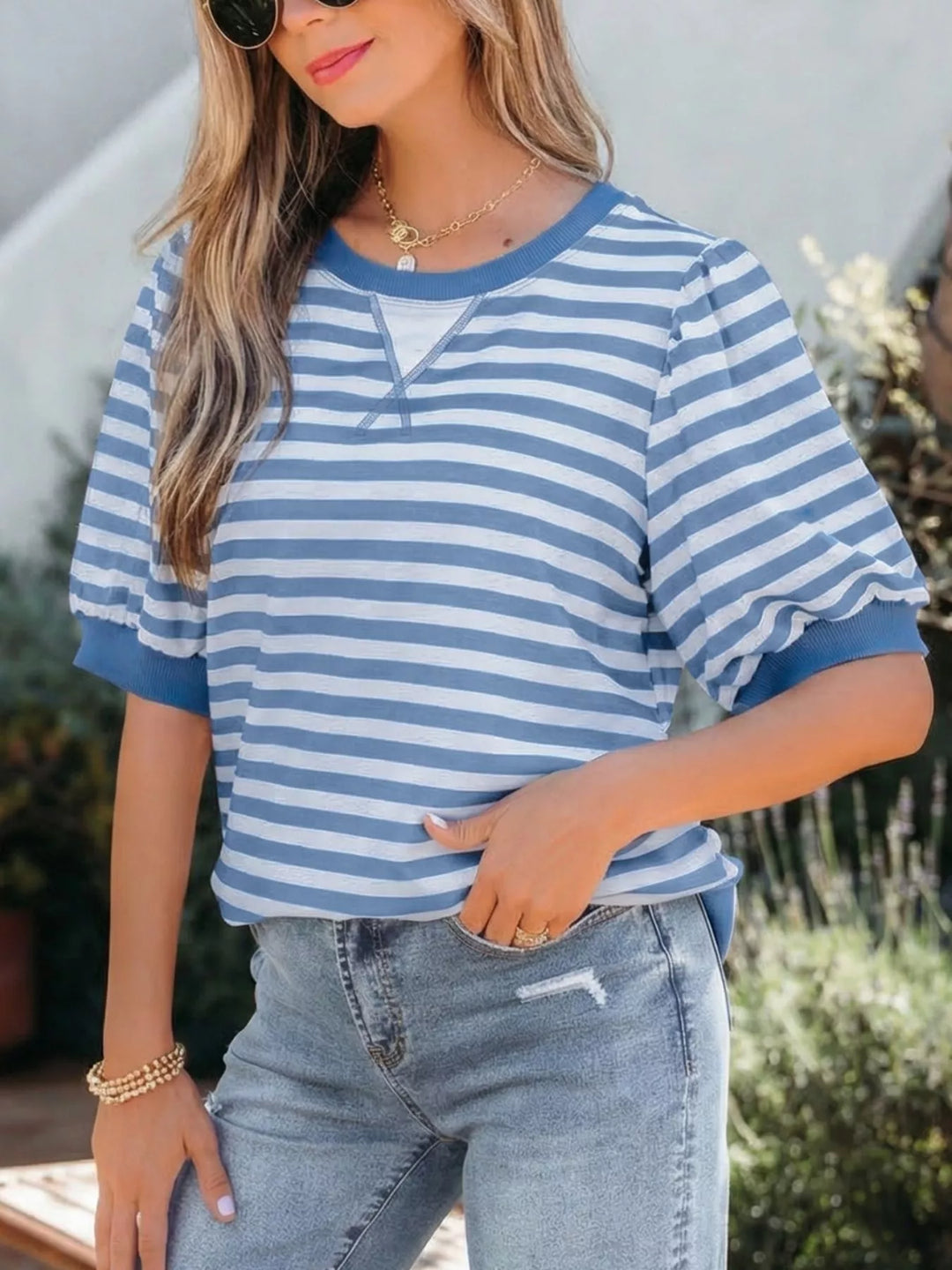 Striped puff bubble sleeve crew neck top with ribbed trim