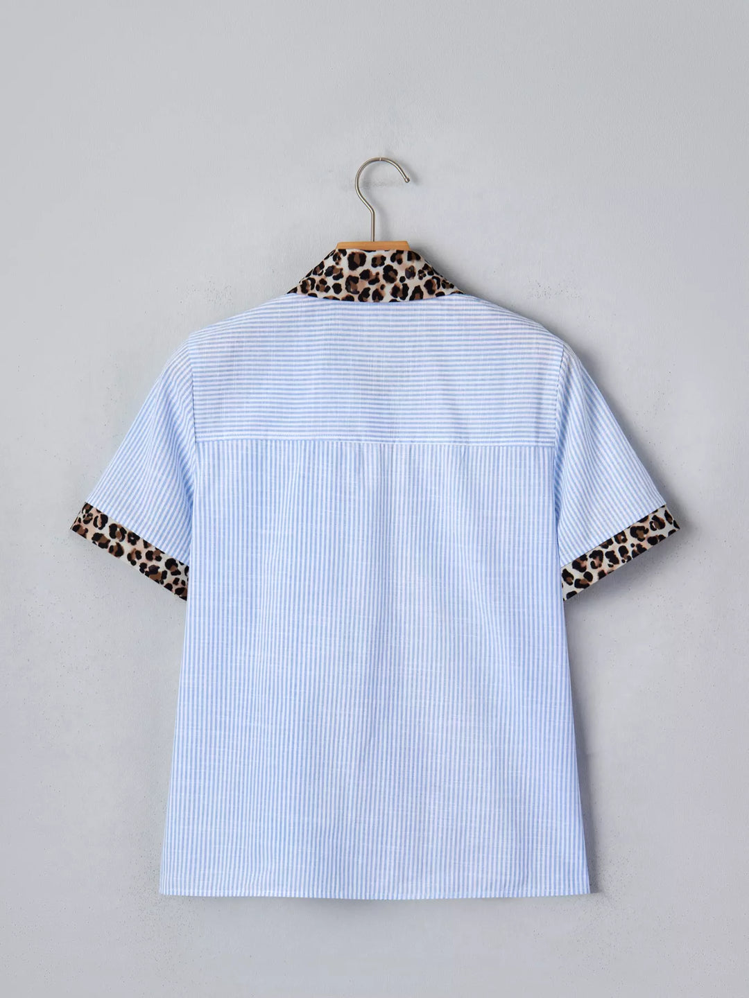 Striped short-sleeve button-down with leopard collar and cuffs