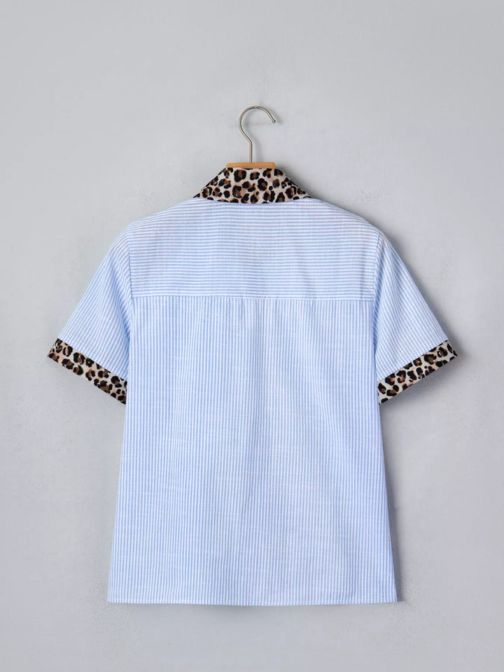Striped short-sleeve button-down with leopard collar and cuffs