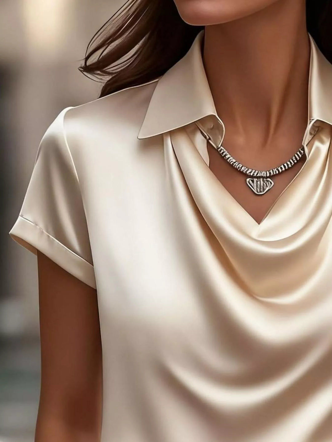 Cowl neck satin blouse with collar and cuffed short sleeves