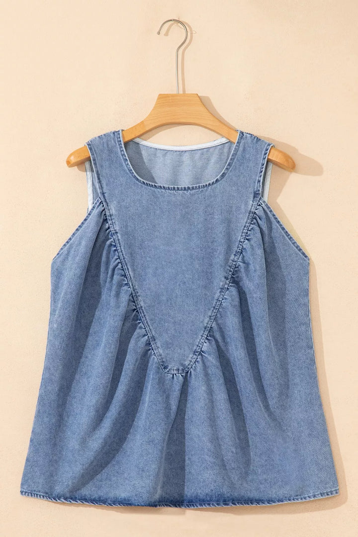 Pleated patchwork sleeveless denim swing top