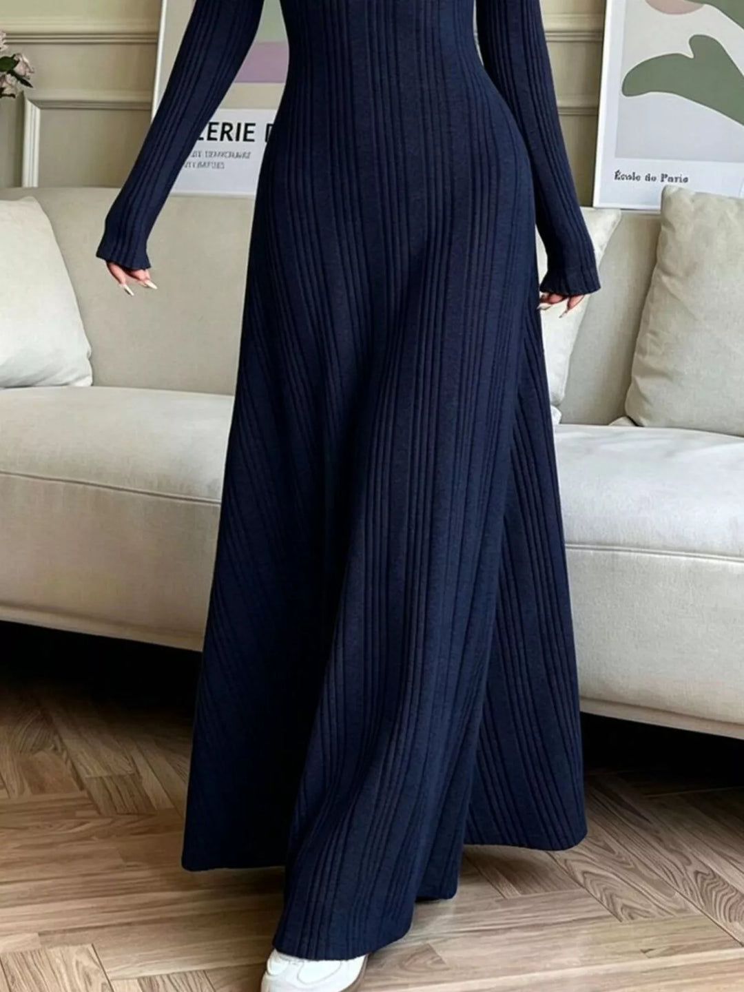 Ribbed knit long sleeve maxi dress with flared skirt