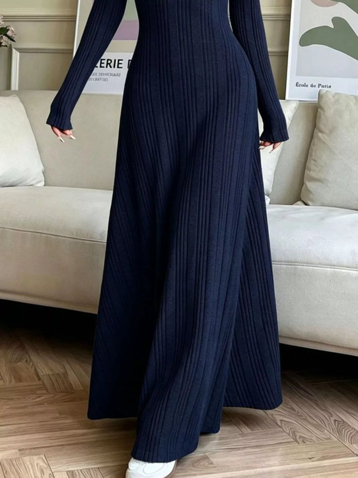 Ribbed knit long sleeve maxi dress with flared skirt