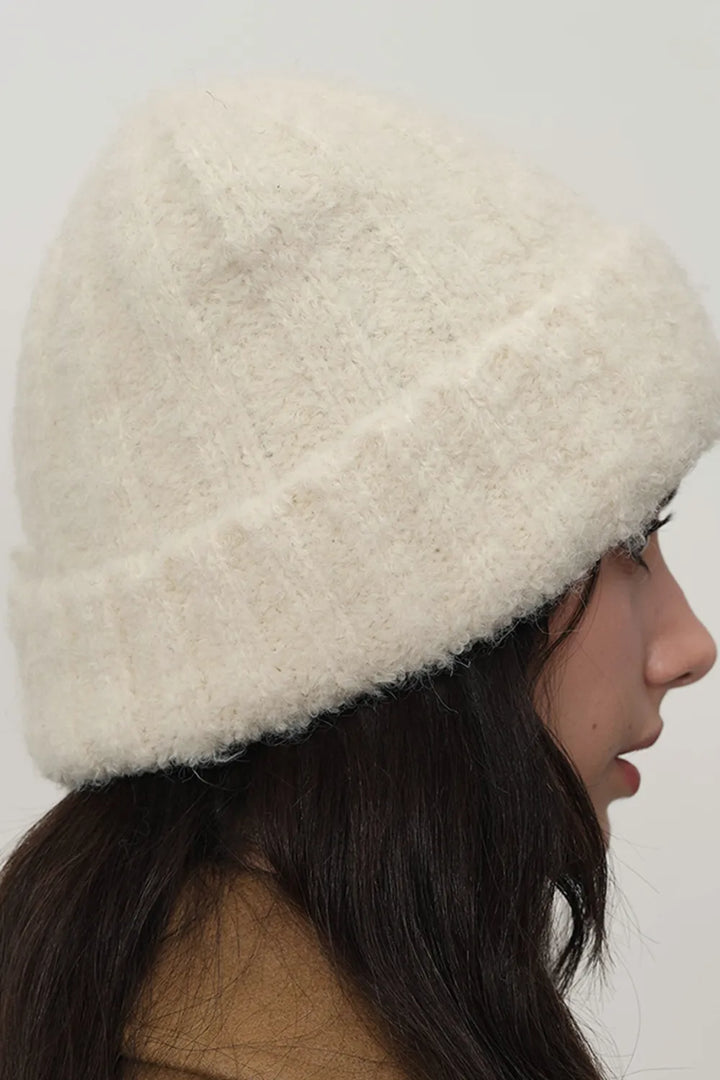 Fuzzy brushed knit cuffed beanie with slouchy crown