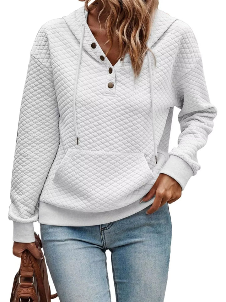 Gray/white Diamond-textured drawstring pullover hoodie with button placket