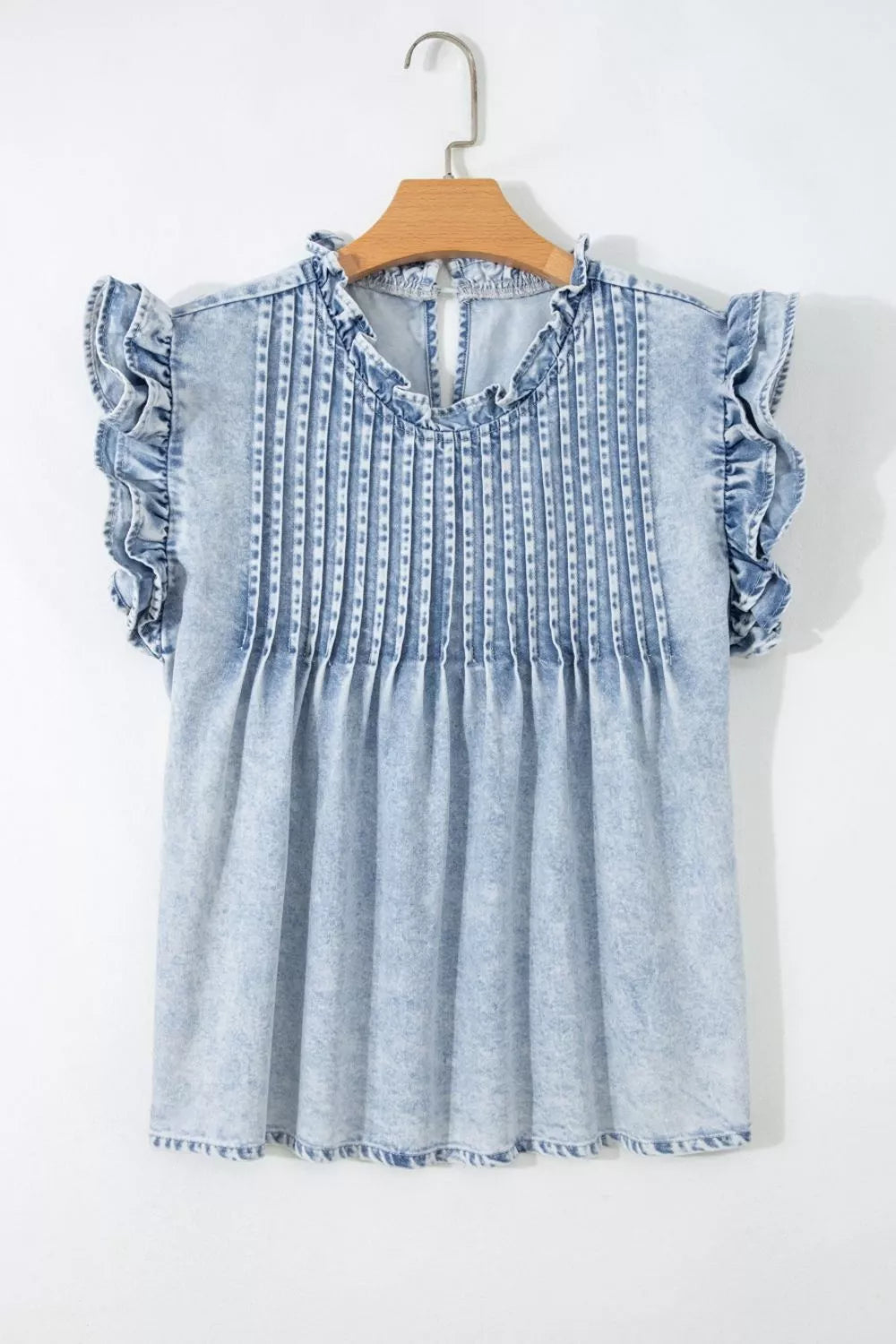 Pintuck pleated denim top with ruffle cap sleeves