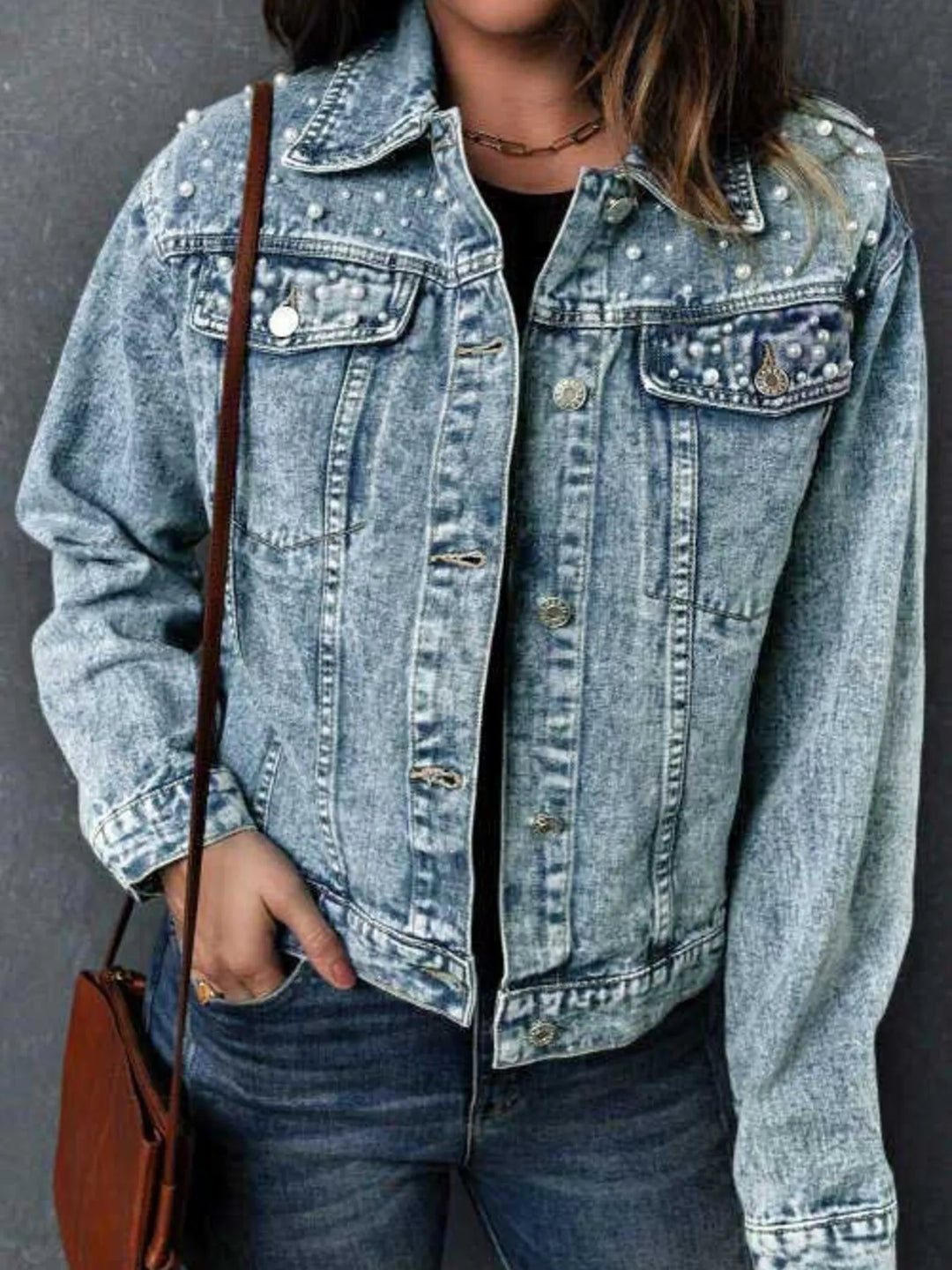 Pearl-detail button-up long sleeve denim jacket