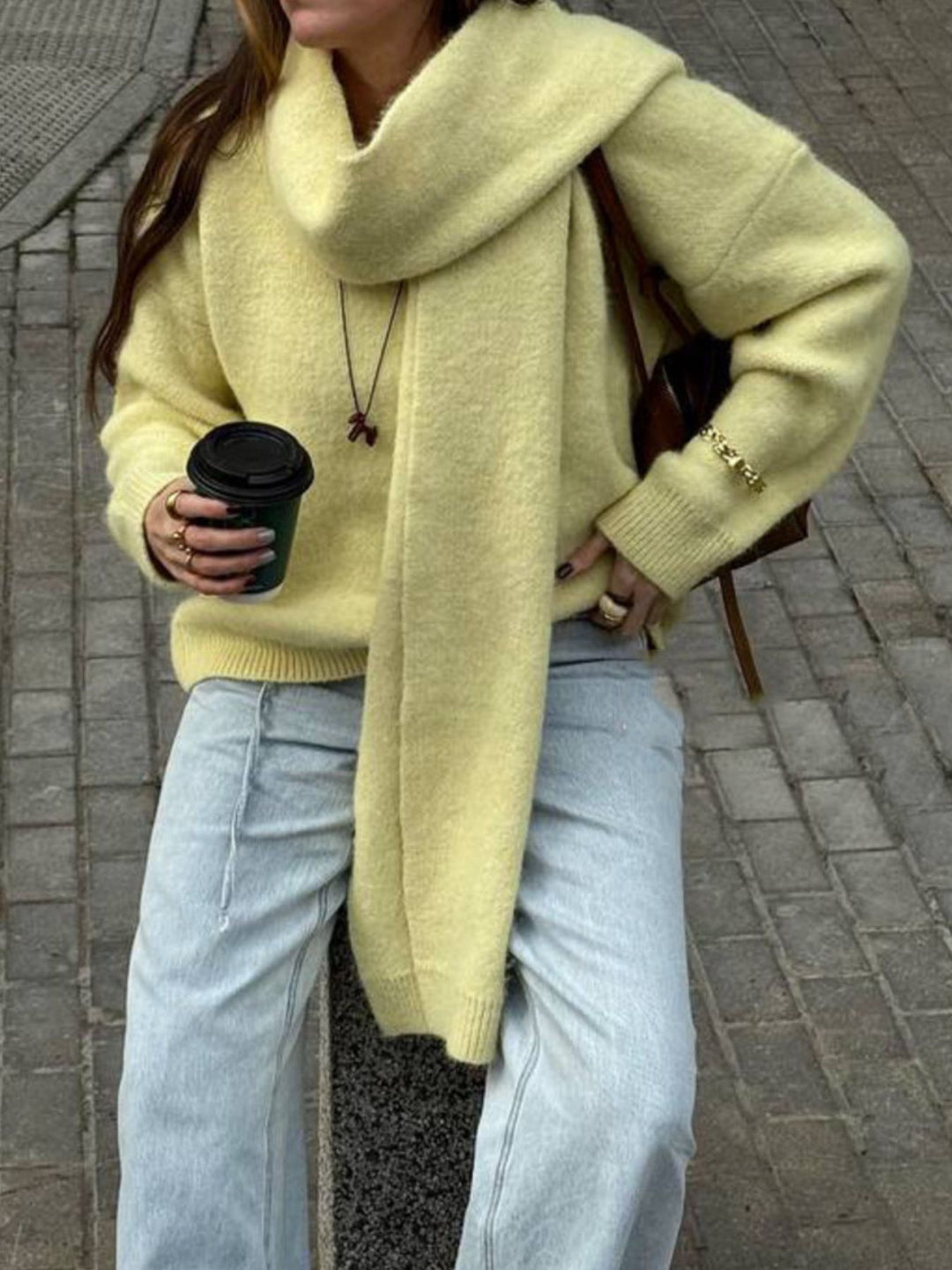 Green Oversized dropped-shoulder knit sweater with scarf