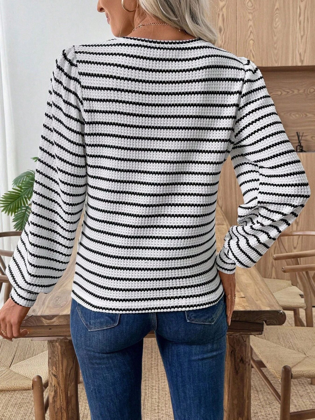 Striped textured knit long sleeve crew neck top