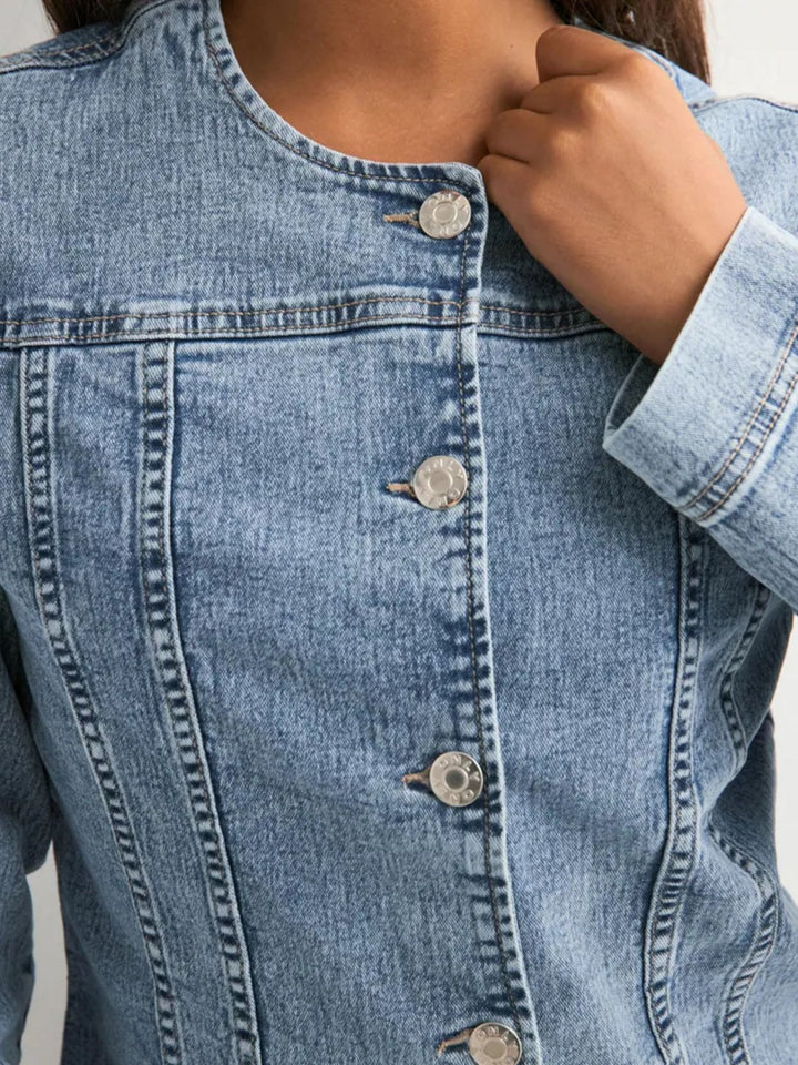 Collarless button-front cropped denim jacket