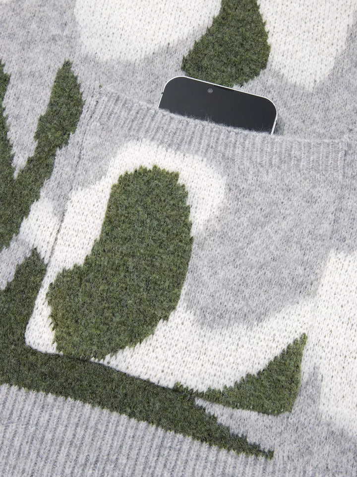 Camo knit drop shoulder cardigan with button front and pockets