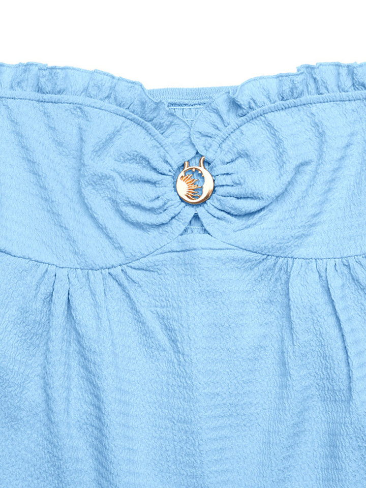 Frill sweetheart tube top with gold buckle and keyhole