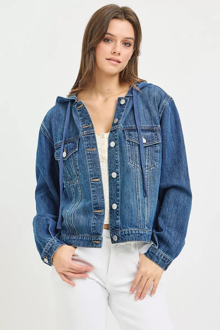 Hooded relaxed-fit denim jacket with drawstring