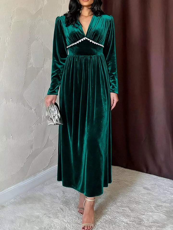Green Velvet long sleeve maxi dress with pearl trim V-neck