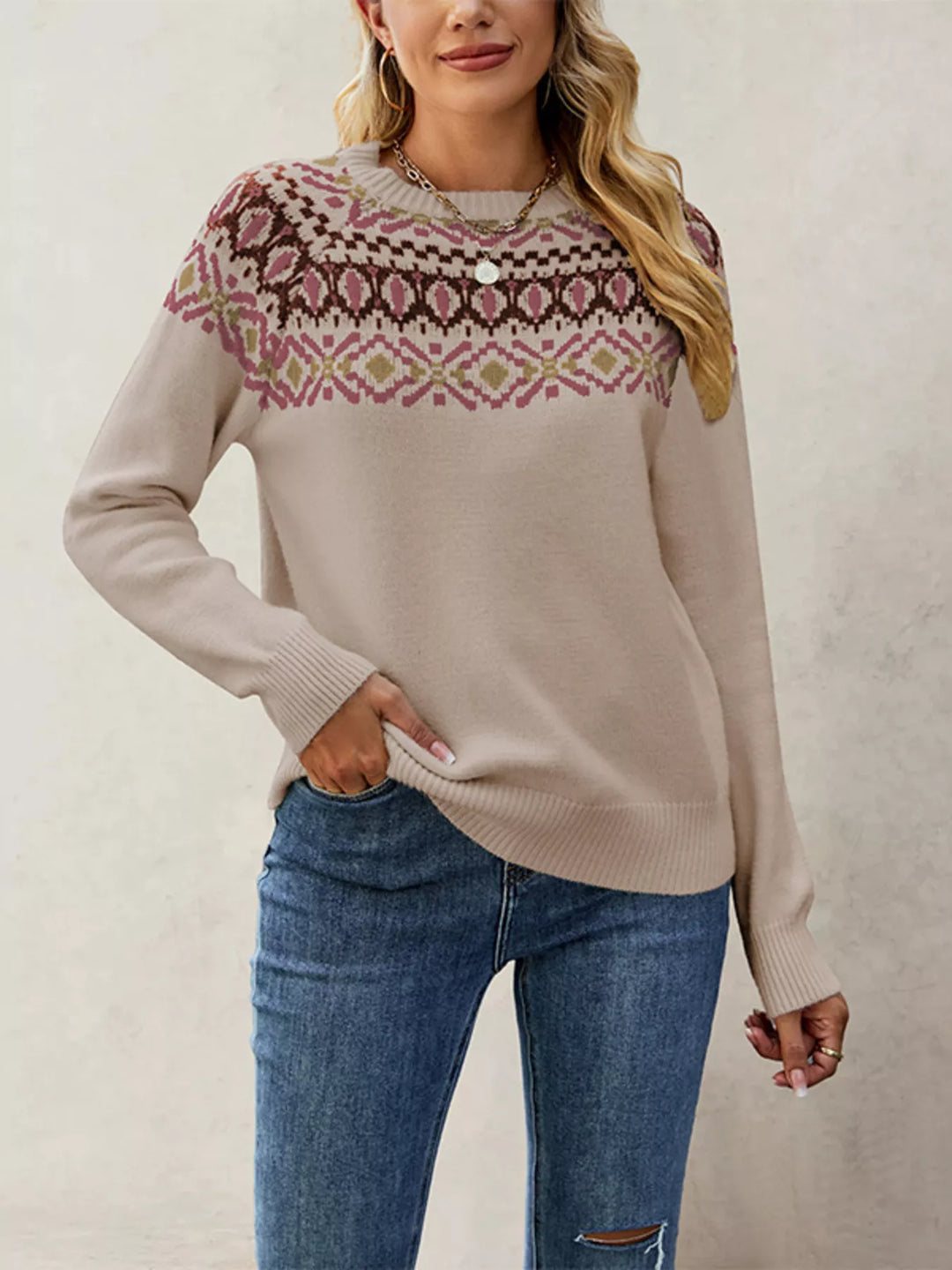 Khaki Fair Isle knit crew neck sweater with ribbed cuffs