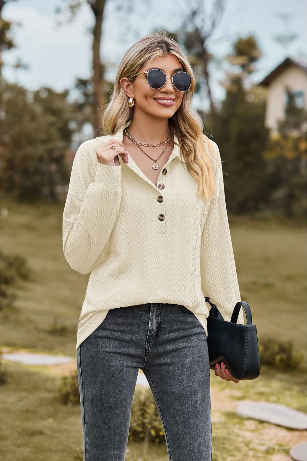 Textured knit collared top with half-button placket