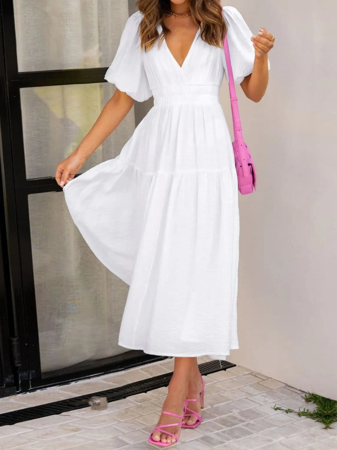 Ruched waist puff sleeve v-neck tiered midi dress