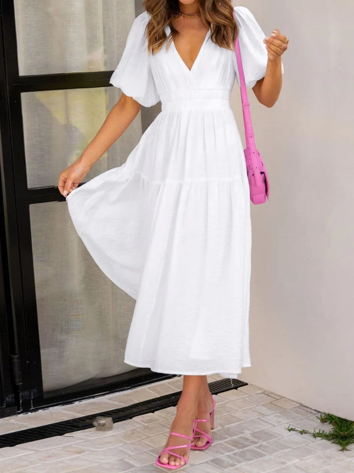 Ruched waist puff sleeve v-neck tiered midi dress