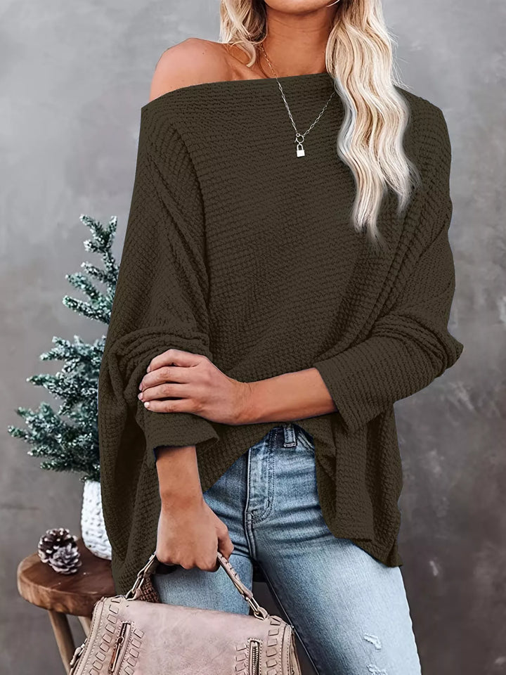 Army Green Oversized waffle-knit boat neck long sleeve top