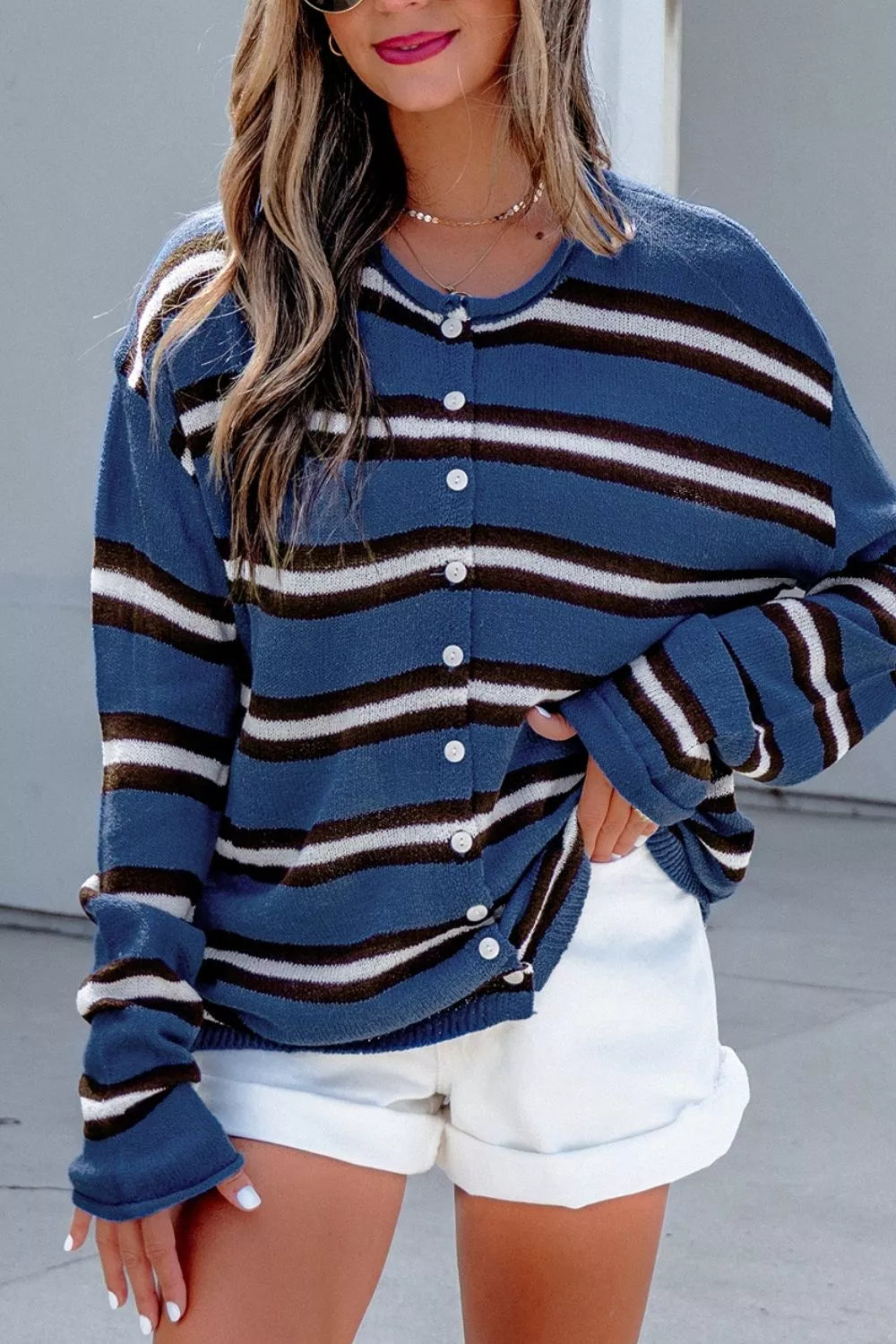 Dusty Blue Striped drop shoulder button-front knit cardigan