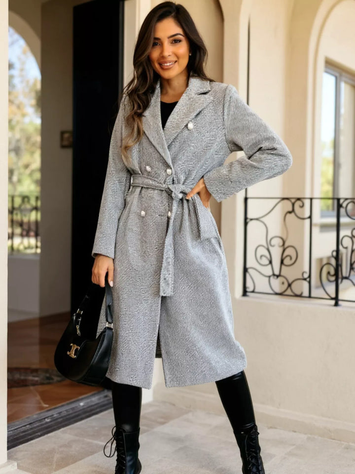 Gray Double-breasted tie-waist longline overcoat