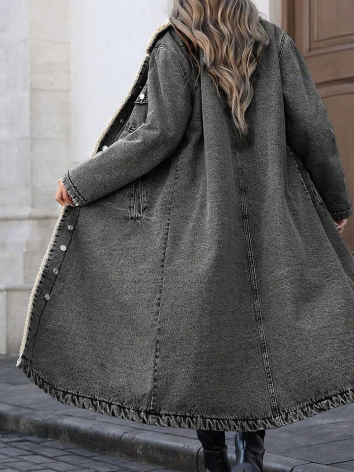Sherpa-lined longline button-front denim jacket