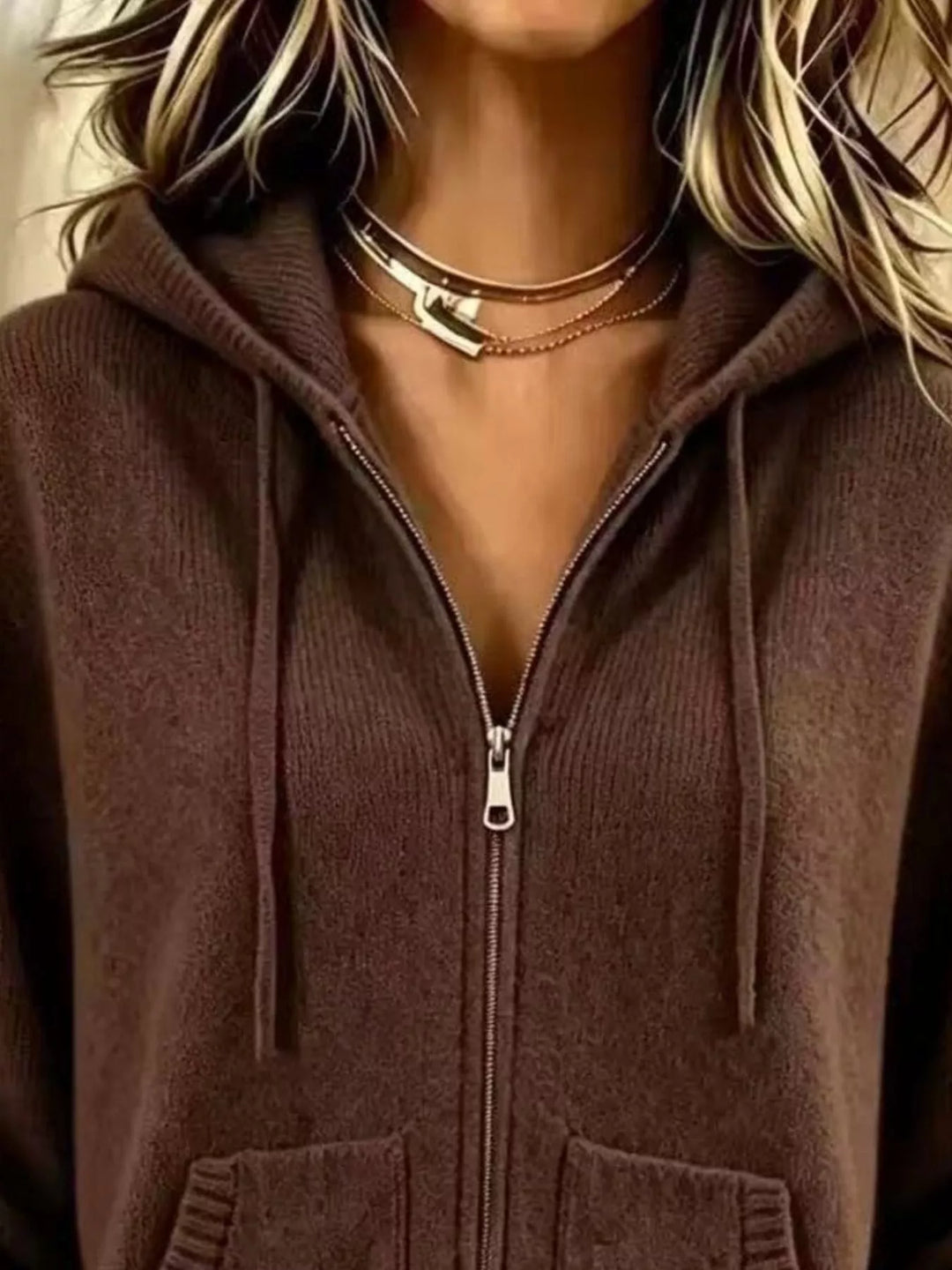 Zip-front hooded knit cardigan with drawstring and pockets
