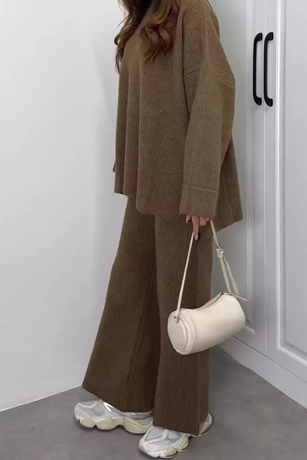 Ribbed knit dropped shoulder sweater and wide leg pants set