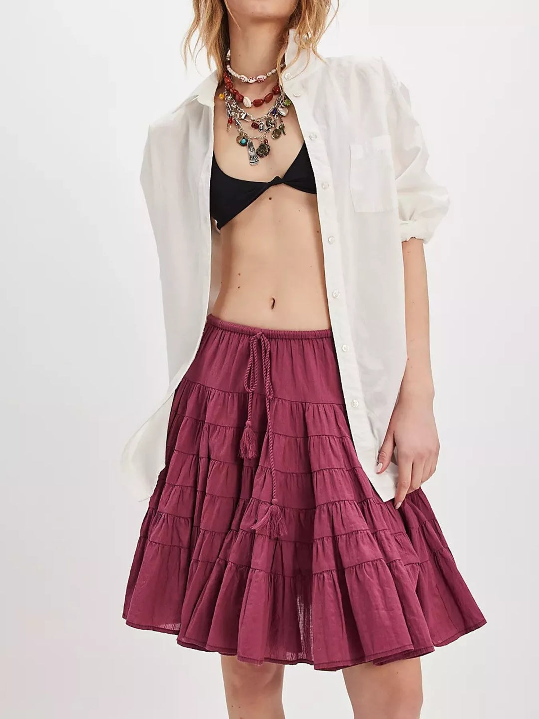 Cerise Tiered ruffle mini skirt with drawstring waist