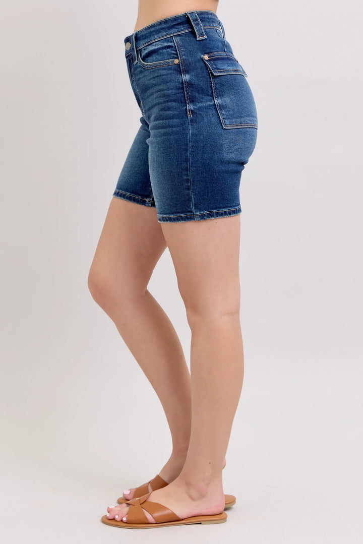High-rise Bermuda denim shorts with back flap pockets