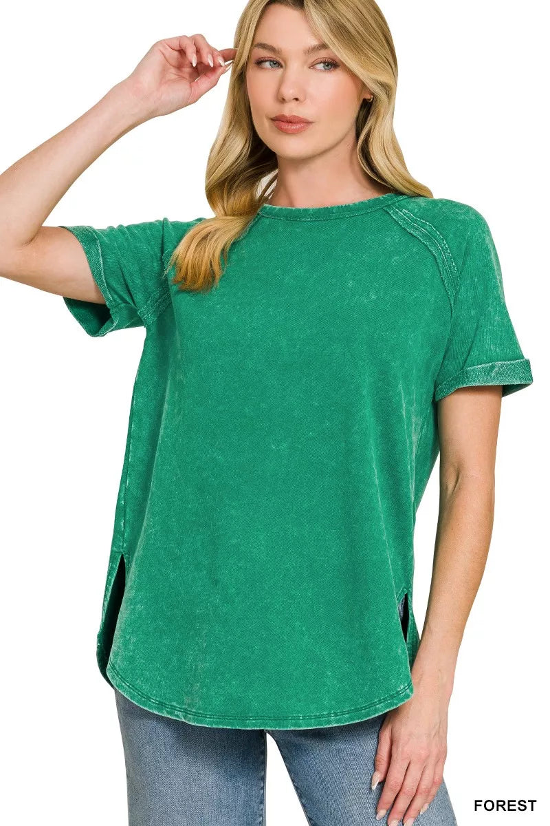 FOREST French terry mineral-wash curved hem top with side slits