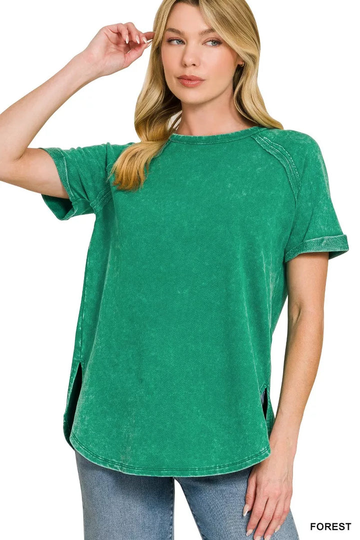 FOREST French terry mineral-wash curved hem top with side slits