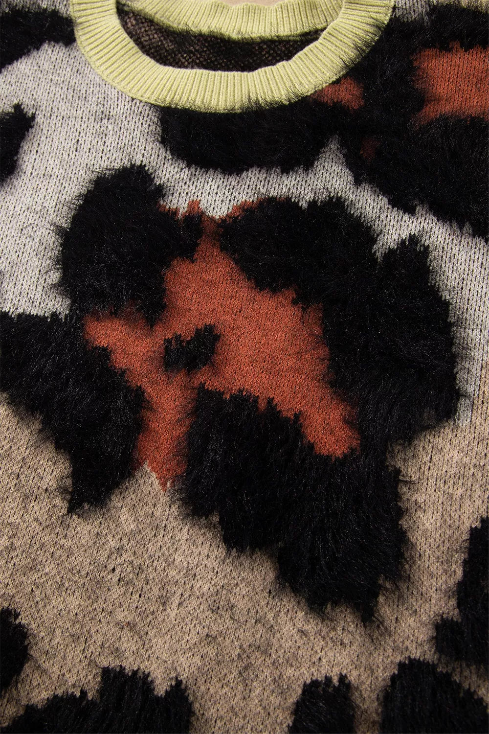 Fuzzy leopard print drop shoulder crew neck sweater
