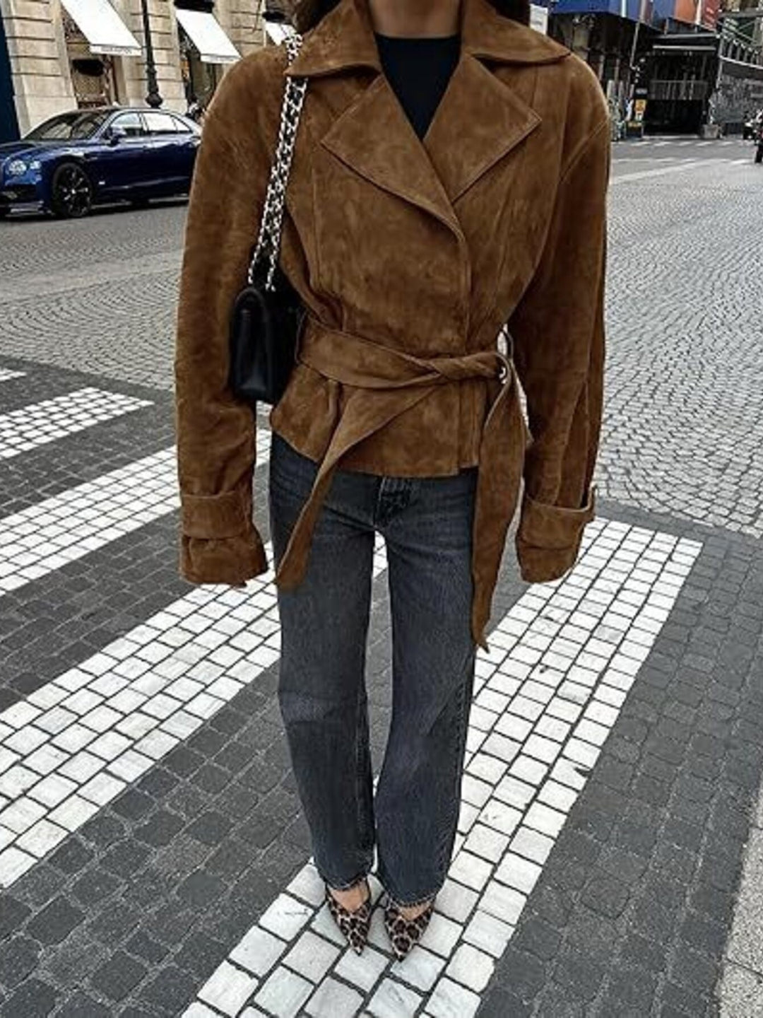 Faux suede tie-waist cropped jacket with lapel collar
