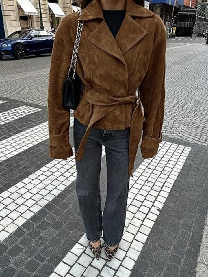 Faux suede tie-waist cropped jacket with lapel collar