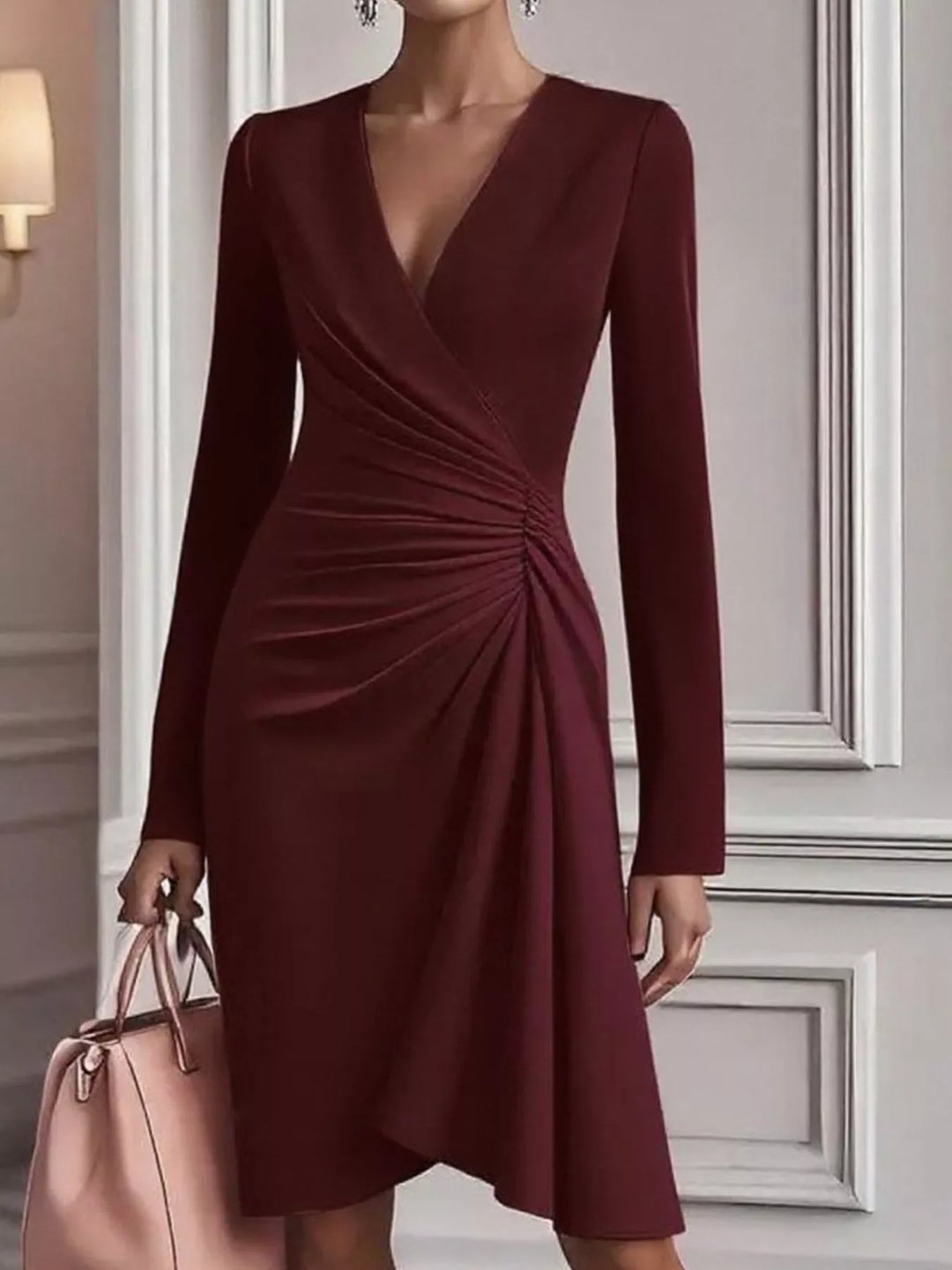 Burgundy Ruched surplice long sleeve midi dress with asymmetric hem